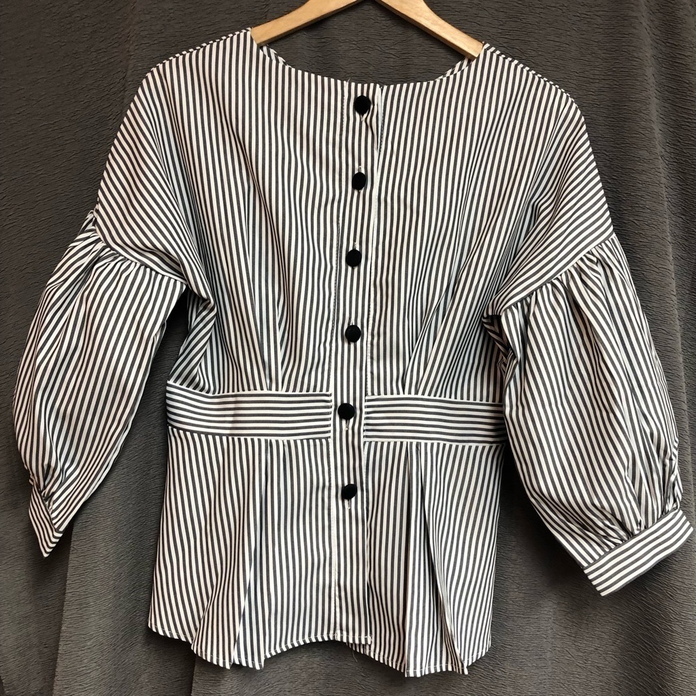 White and gray striped dressy blouse with buttons up the back, waistband - Picture 5 of 12
